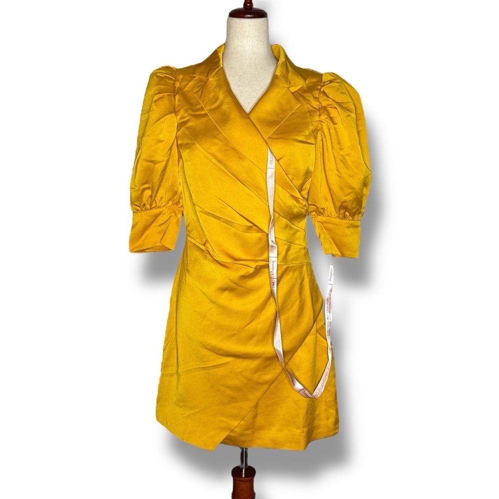 Choosy Marigold Yellow Puff Sleeve Faux Wrap V-neck Mini Dress